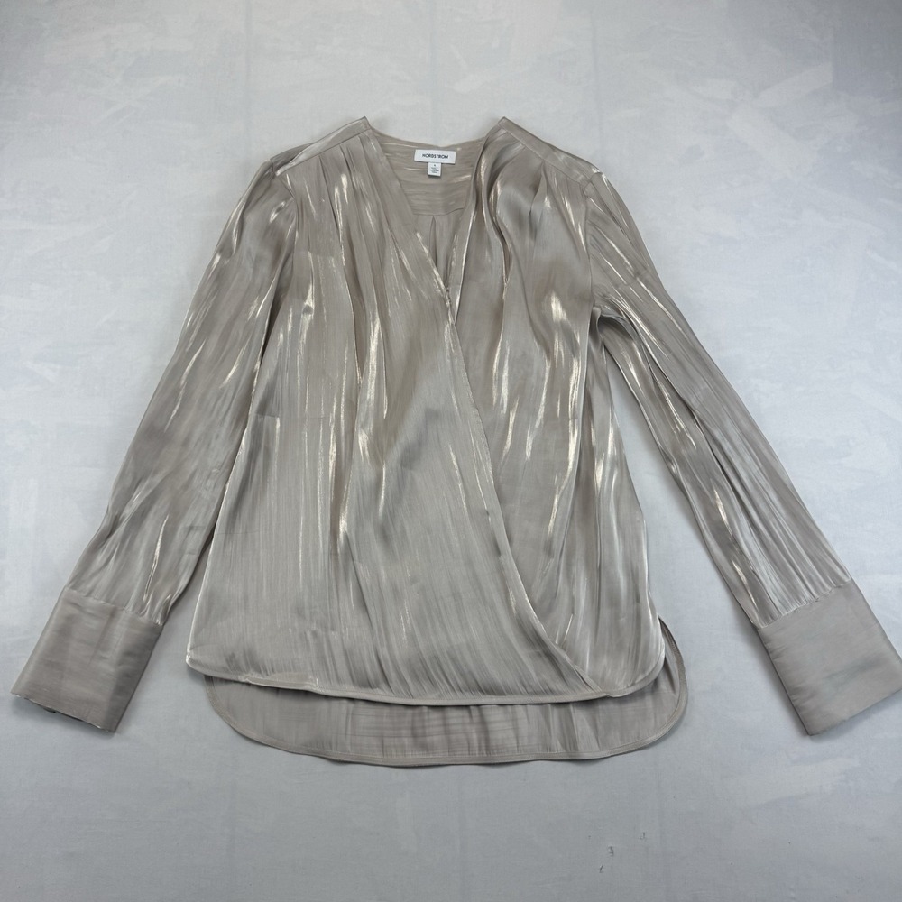 Nordstrom Metallic Champagne Wrap Blouse S Shimmer Pleated Long Sleeve Party